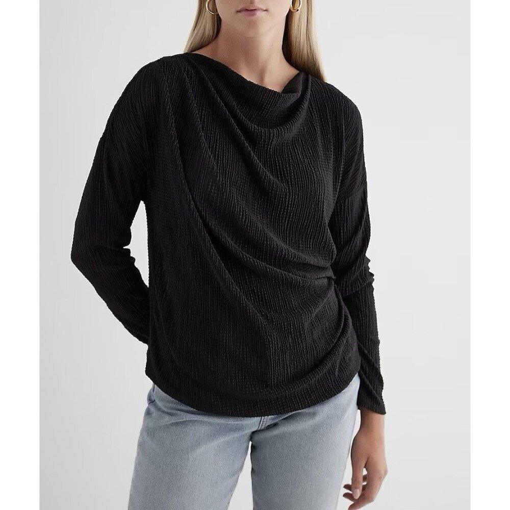 Express Women's Skimming Textured Draped Top Size XS Black Cowl Neck NWT $48